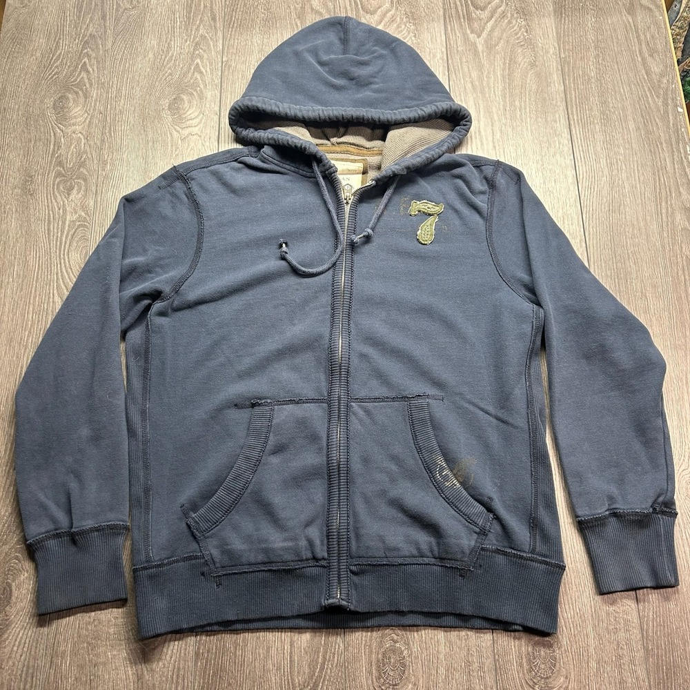 American Eagle Outfitters Mens XL Blue Full Zip Hoodie Y2K Distressed Graphic